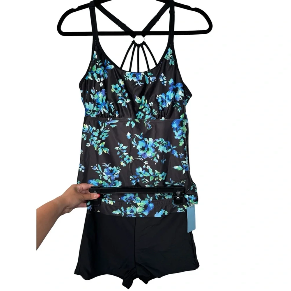 Yonique Black and Blue Floral Tankini & Shorts Set